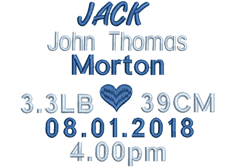 Embroidered design with a love heart, baby statistics, and personalized text on a white background