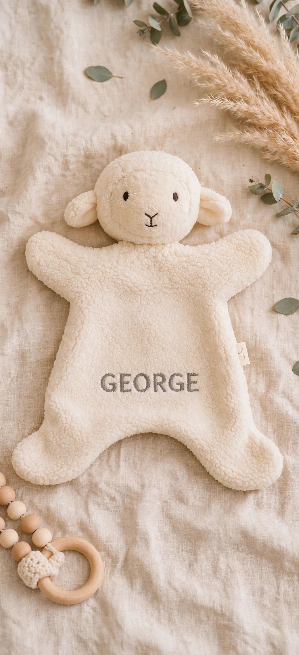 Close-up of premium high-density name embroidery on a super soft cream sherpa baby snuggle blanket by Pomki Embroidery NZ.