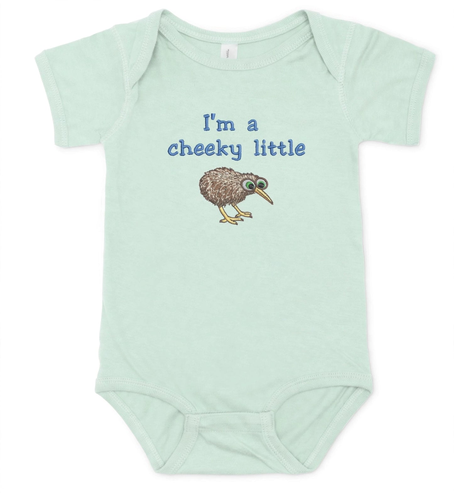 A pale mint green baby bodysuit with short sleeves and a graphic print on the chest that reads 'I'm a cheeky little' in blue text above a kiwi bird illustration, shown on a plain white background.