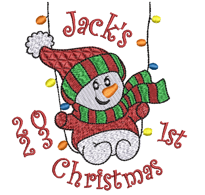 Embroidered design of a snowman with a striped hat and scarf, celebrating 'Jack's 2023 1st Christmas'.