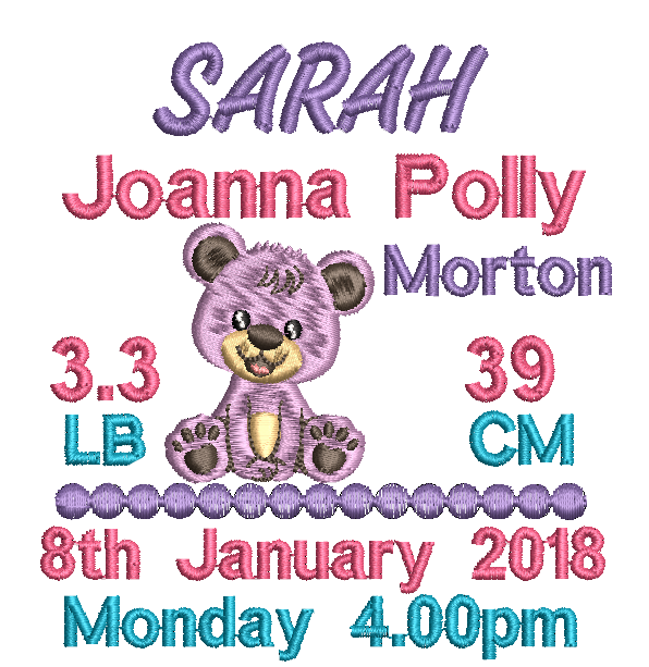 Embroidered design with a purple teddy bear, baby details, and names.