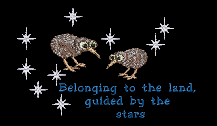 Embroidered Matariki star cluster design with two kiwi birds and the quote Belonging to the land, guided by the stars on a black t-shirt and hoodie.