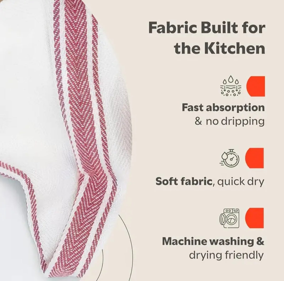 Textured fabric with red and white pattern on a beige background, featuring text about fabric properties.