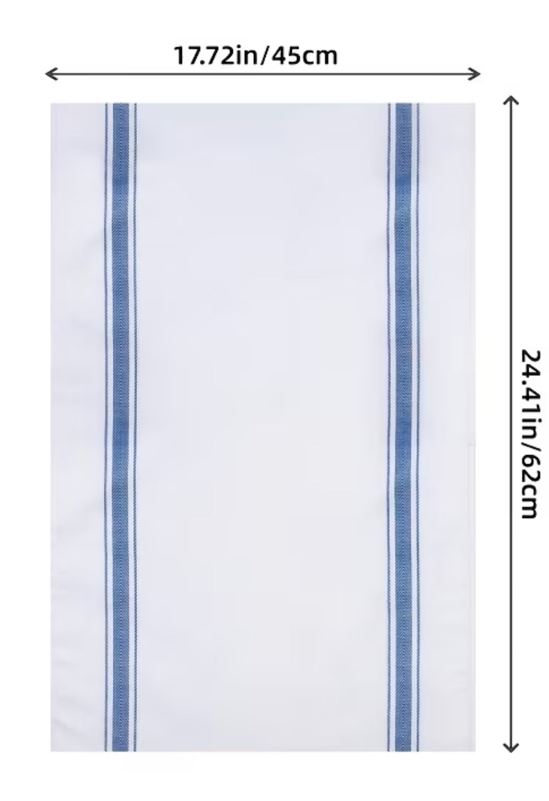 White tea towel with blue stripes and measurements on a white background