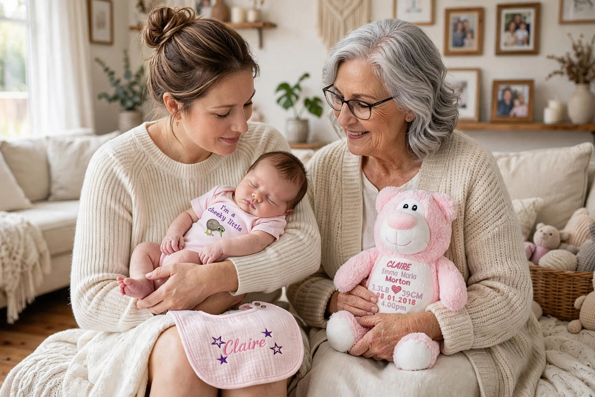 A personalized baby gift set featuring a white short-sleeve bodysuit with green text and a kiwi bird graphic, a gray muslin bib with a kiwi bird design, and a plush white lamb toy with custom blue text.