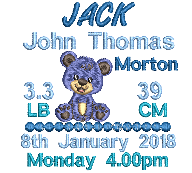 Embroiderey option with blue teddy bear for personizled baby information