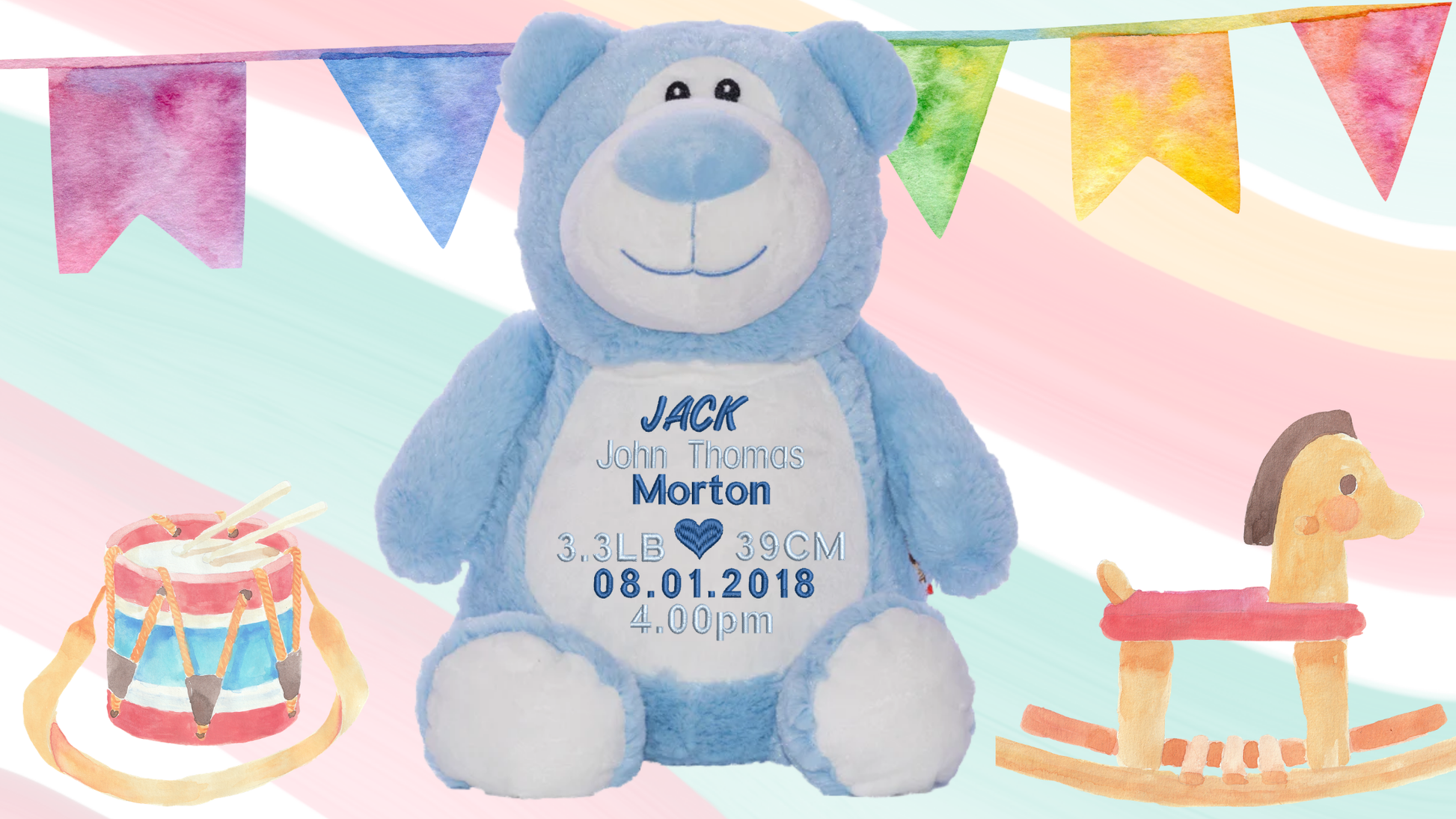 Blue Cubbyford personalised teddy bear with custom embroidery for baby boy birth announcement NZ
