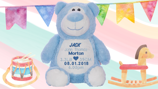 Blue Cubbyford personalised teddy bear with custom embroidery for baby boy birth announcement NZ