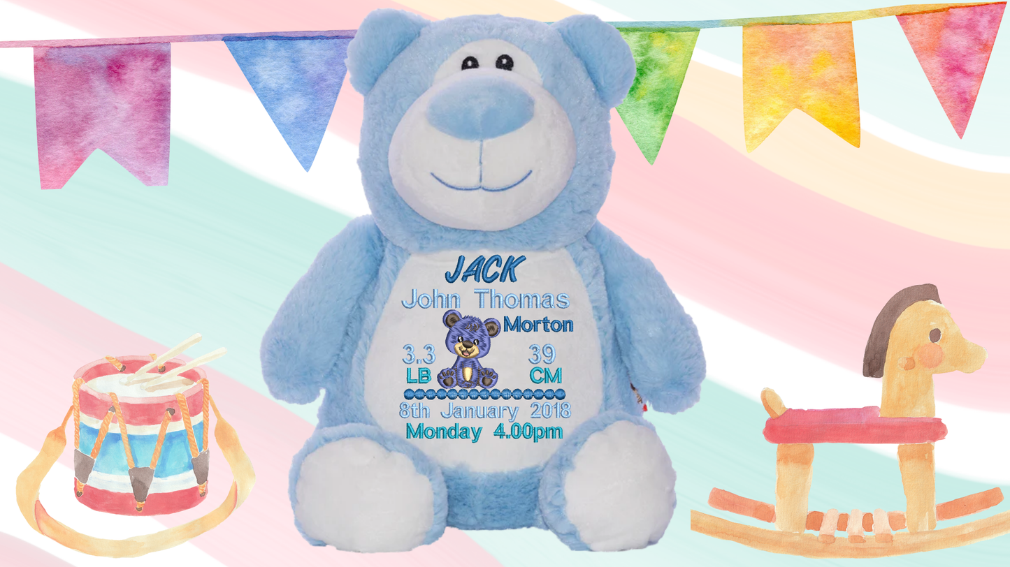 Blue Cubbyford personalised teddy bear with custom embroidery for baby boy birth announcement NZ