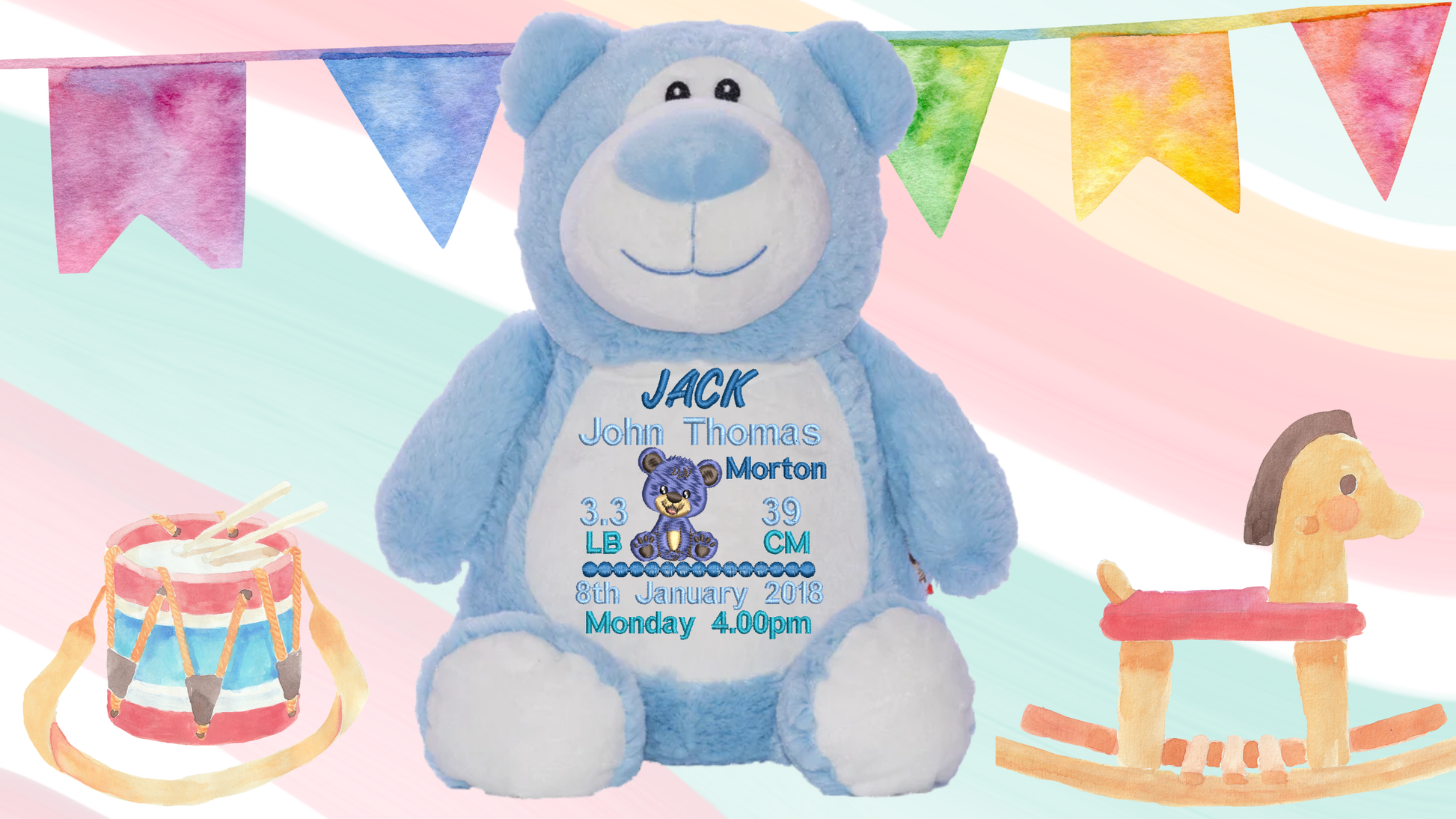 Blue Cubbyford personalised teddy bear with custom embroidery for baby boy birth announcement NZ