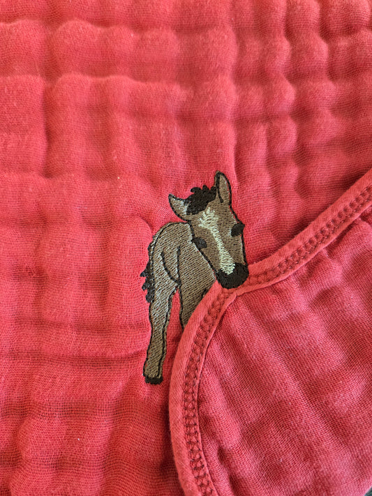 Cheeky baby horse foal pet thief embroidery design on Red tea towel NZ