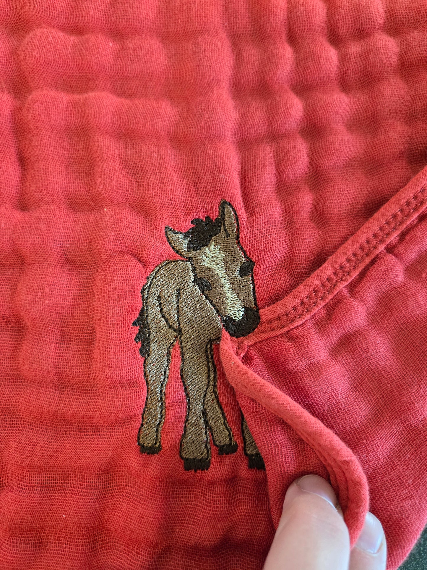 Cheeky baby horse foal pet thief embroidery design on Red tea towel NZ