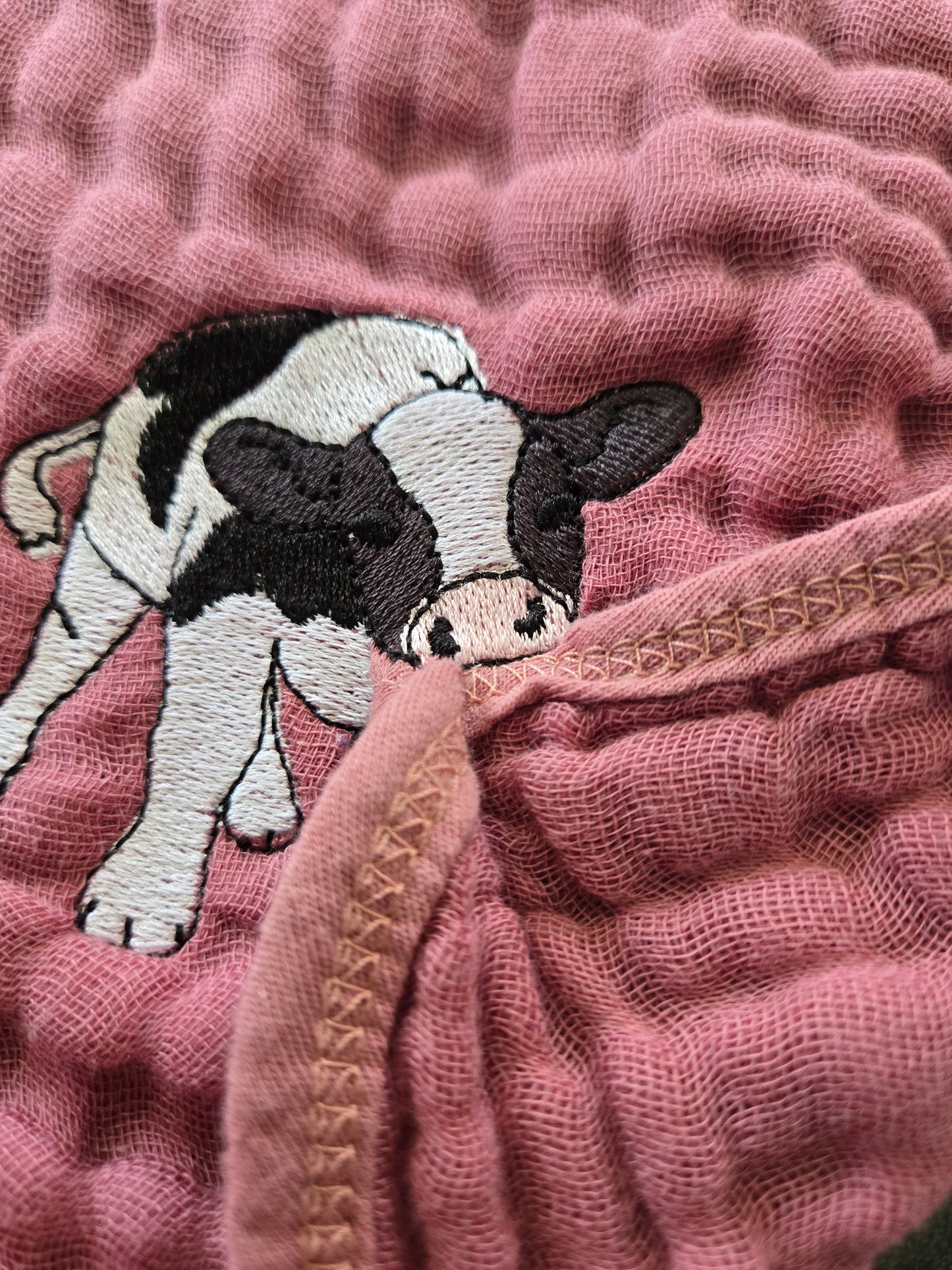 Cheeky little cow calf pet thief embroidery design on Rose cotton  tea towel NZ