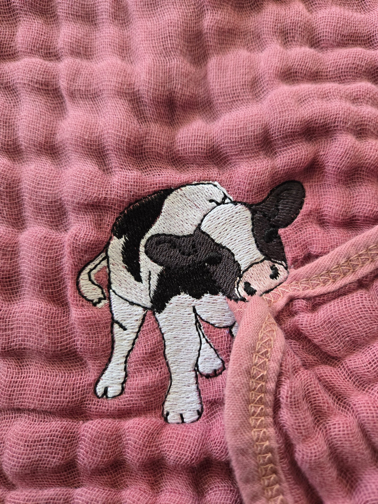 Cheeky little cow calf pet thief embroidery design on Rose cotton  tea towel NZ