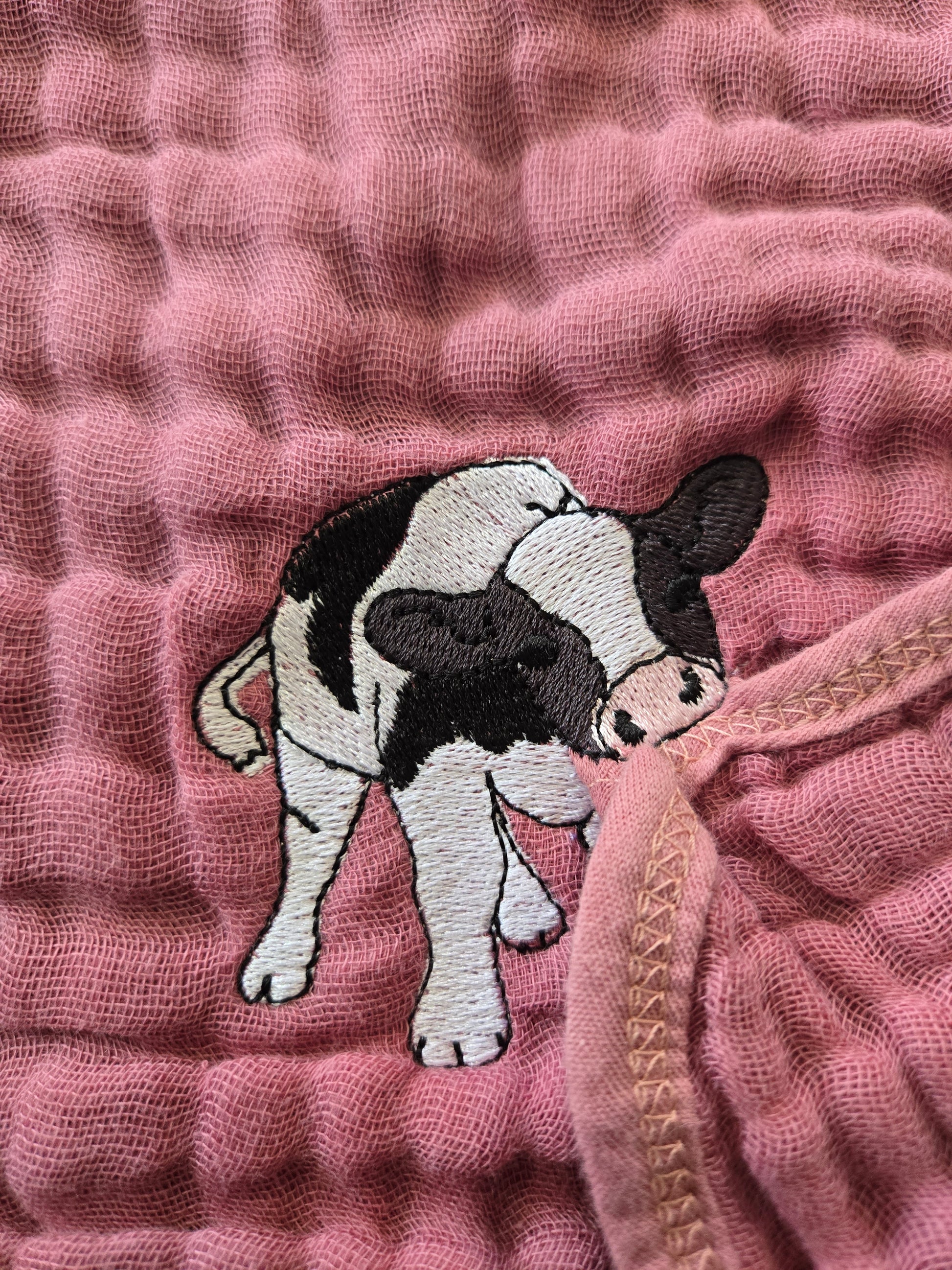 Cheeky little cow calf pet thief embroidery design on Rose cotton  tea towel NZ