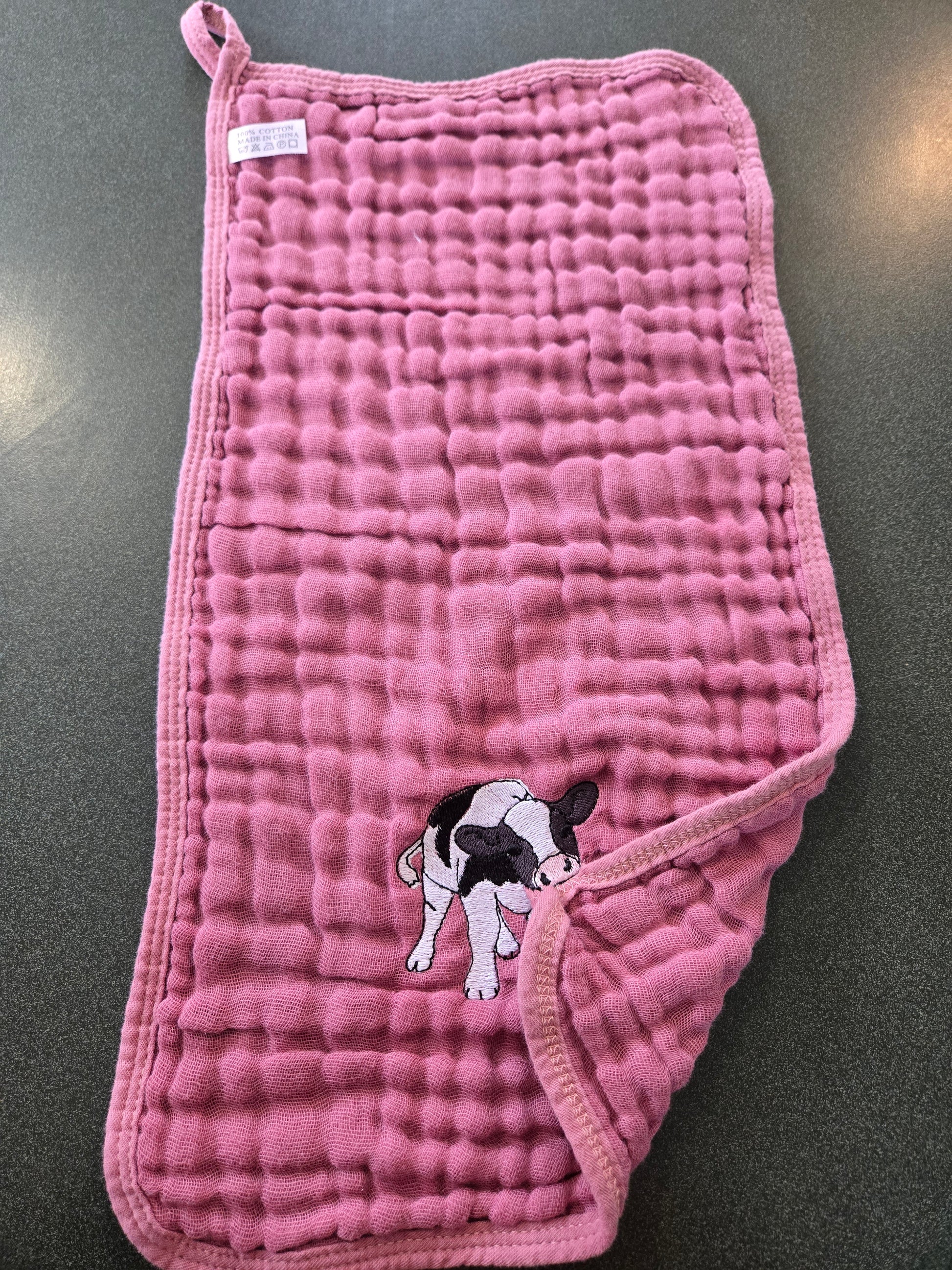 Cheeky little cow calf pet thief embroidery design on Rose cotton  tea towel NZ