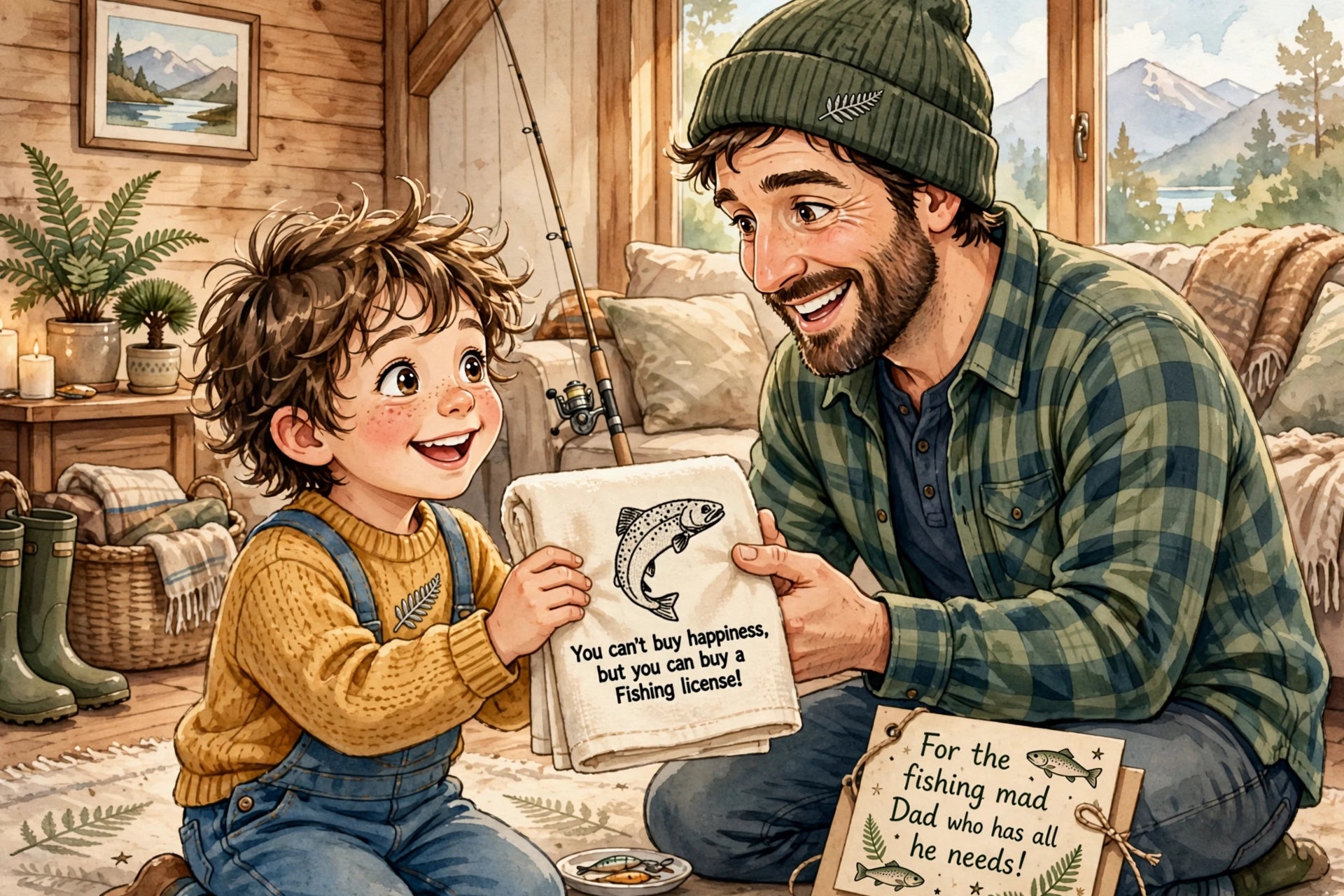 A heartwarming illustration of a father and son in a cozy log cabin living room. The boy holds a white towel with a fish illustration and the text 'You can't buy happiness, but you can buy a Fishing licence!', while the man kneels beside him holding a matching gift tag that reads 'For the fishing mad Dad who has all he needs!'.