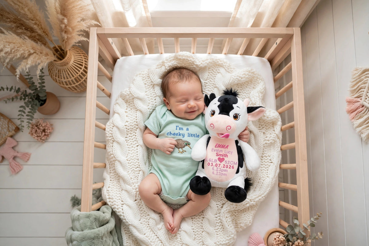 A baby lying in a wooden crib, wearing a mint green onesie that says 'I'm a cheetah baby' and cuddling a plush cow toy with a pink heart graphic. The crib is lined with a chunky cream cable knit blanket, set in a bright, neutral nursery.