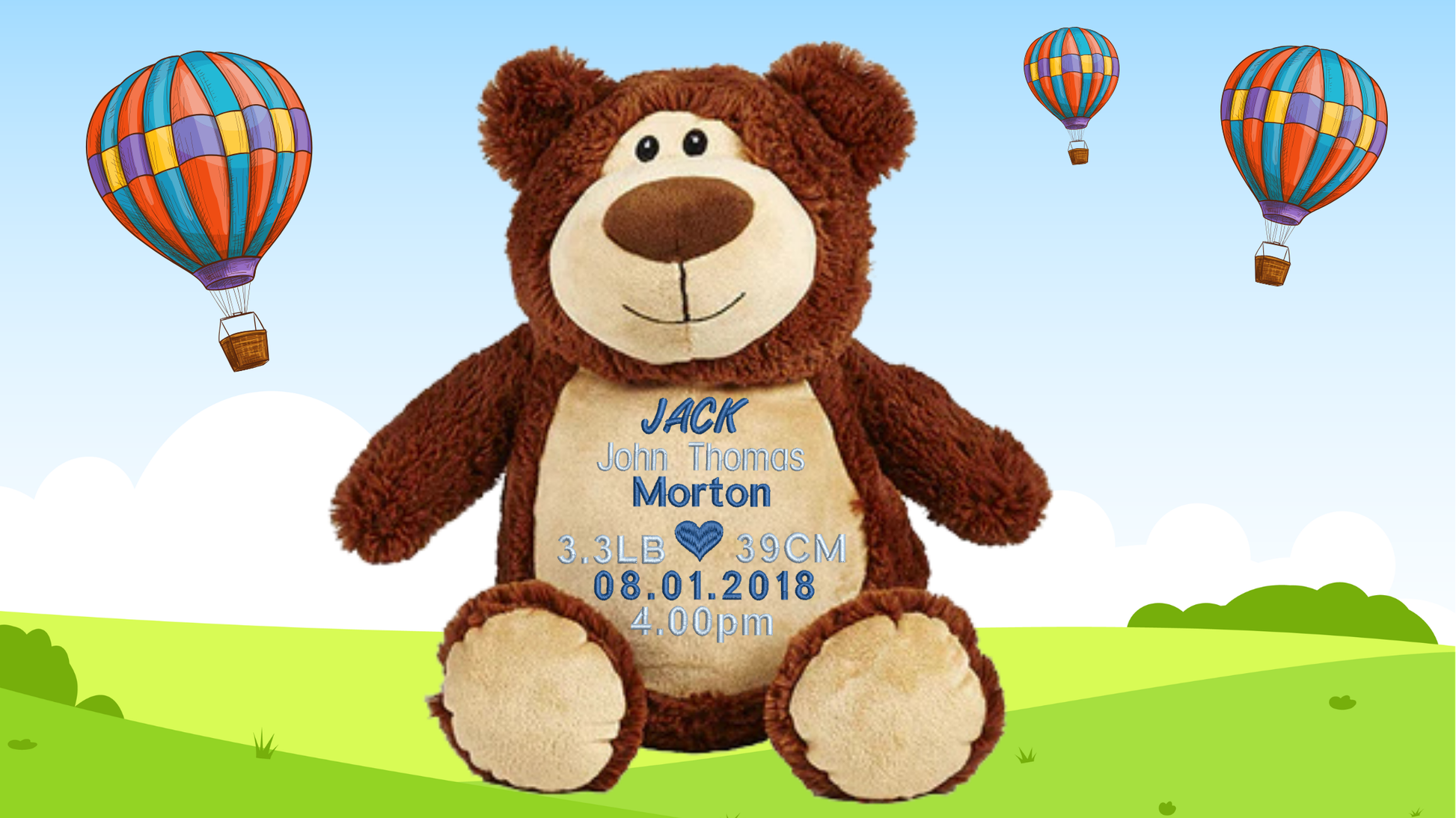 Cubbyford brown personalised teddy bear with custom embroidery birth announcement details