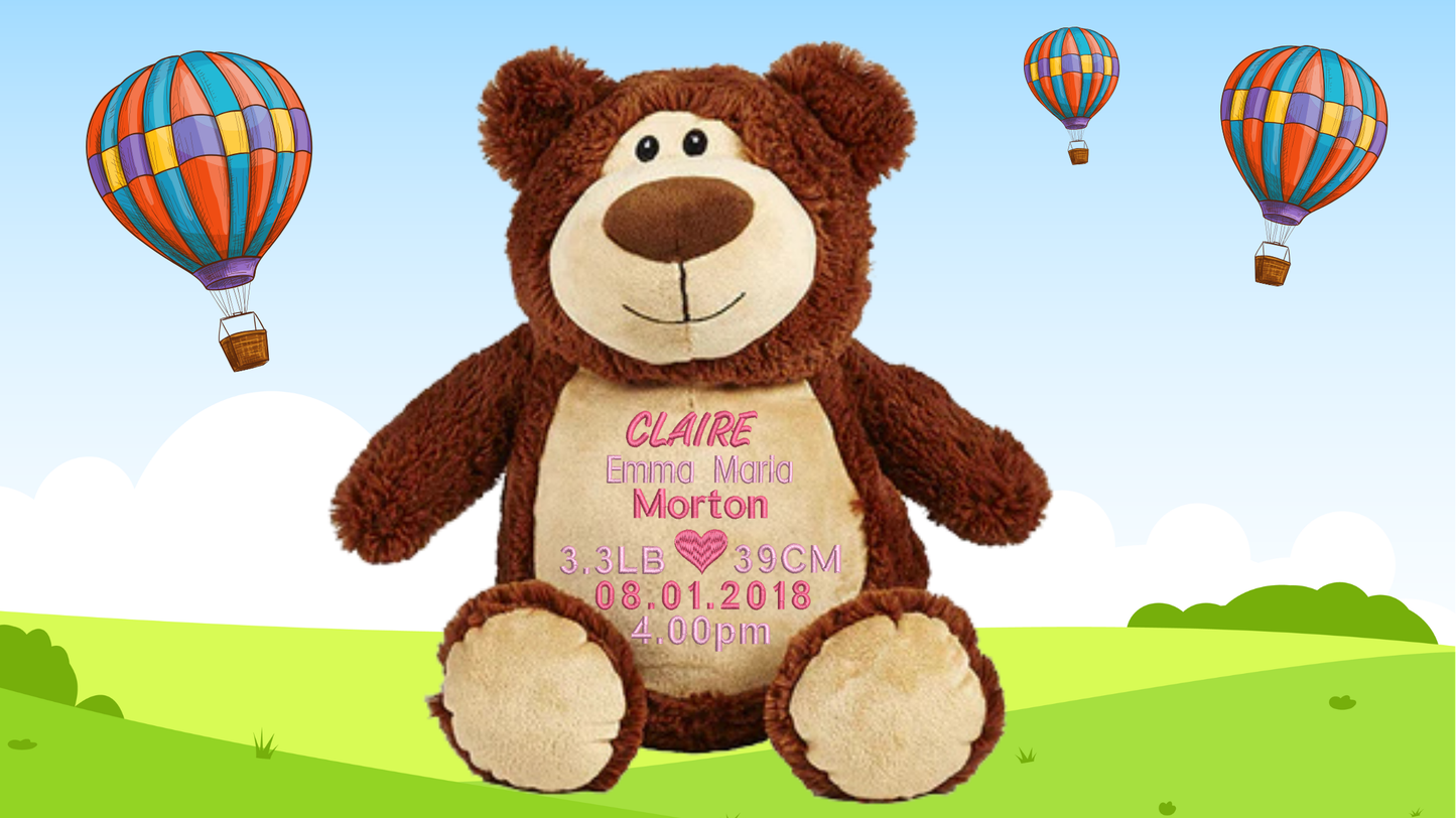 Cubbyford brown personalised teddy bear with custom embroidery birth announcement details