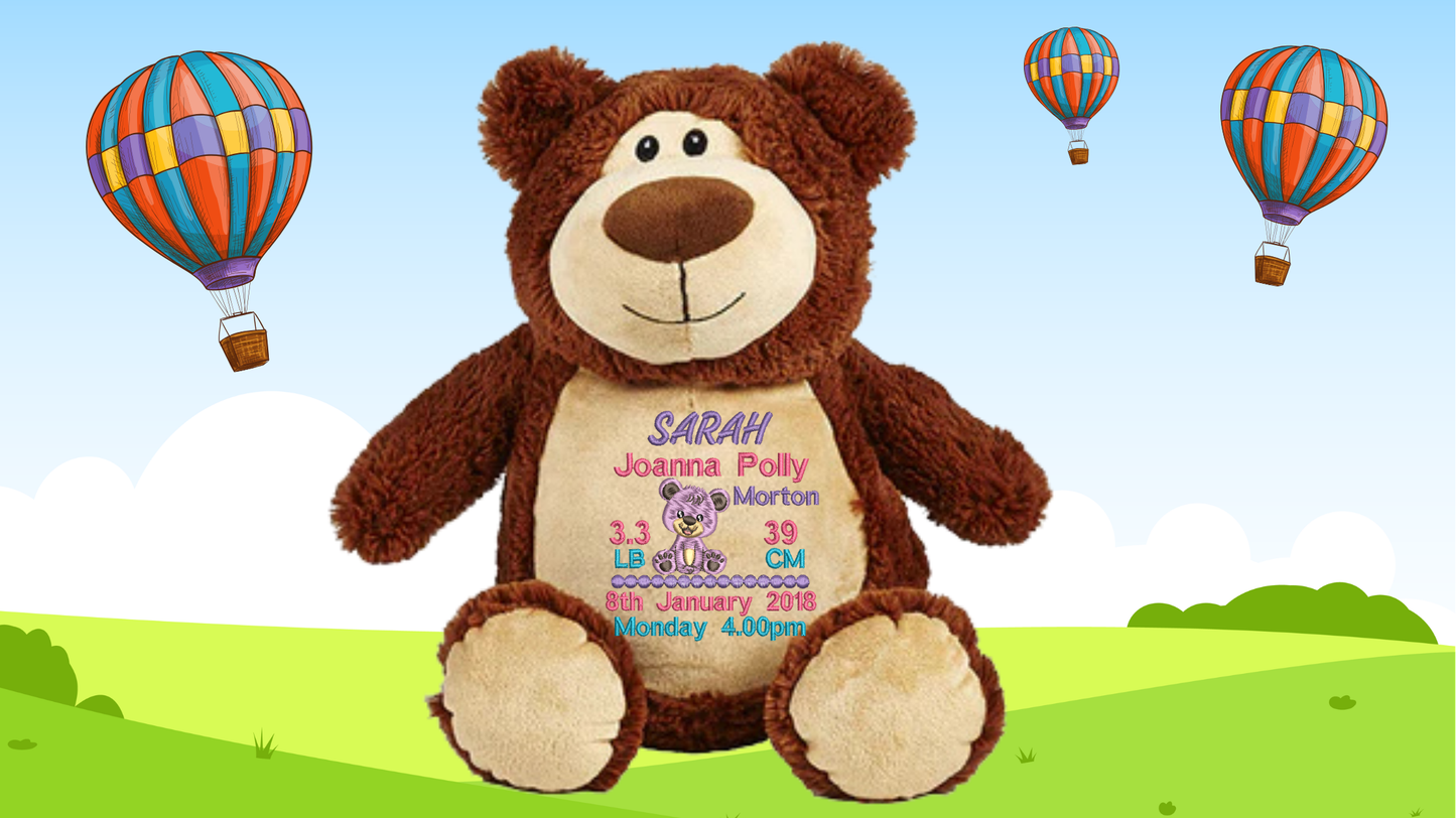Cubbyford brown personalised teddy bear with custom embroidery birth announcement details