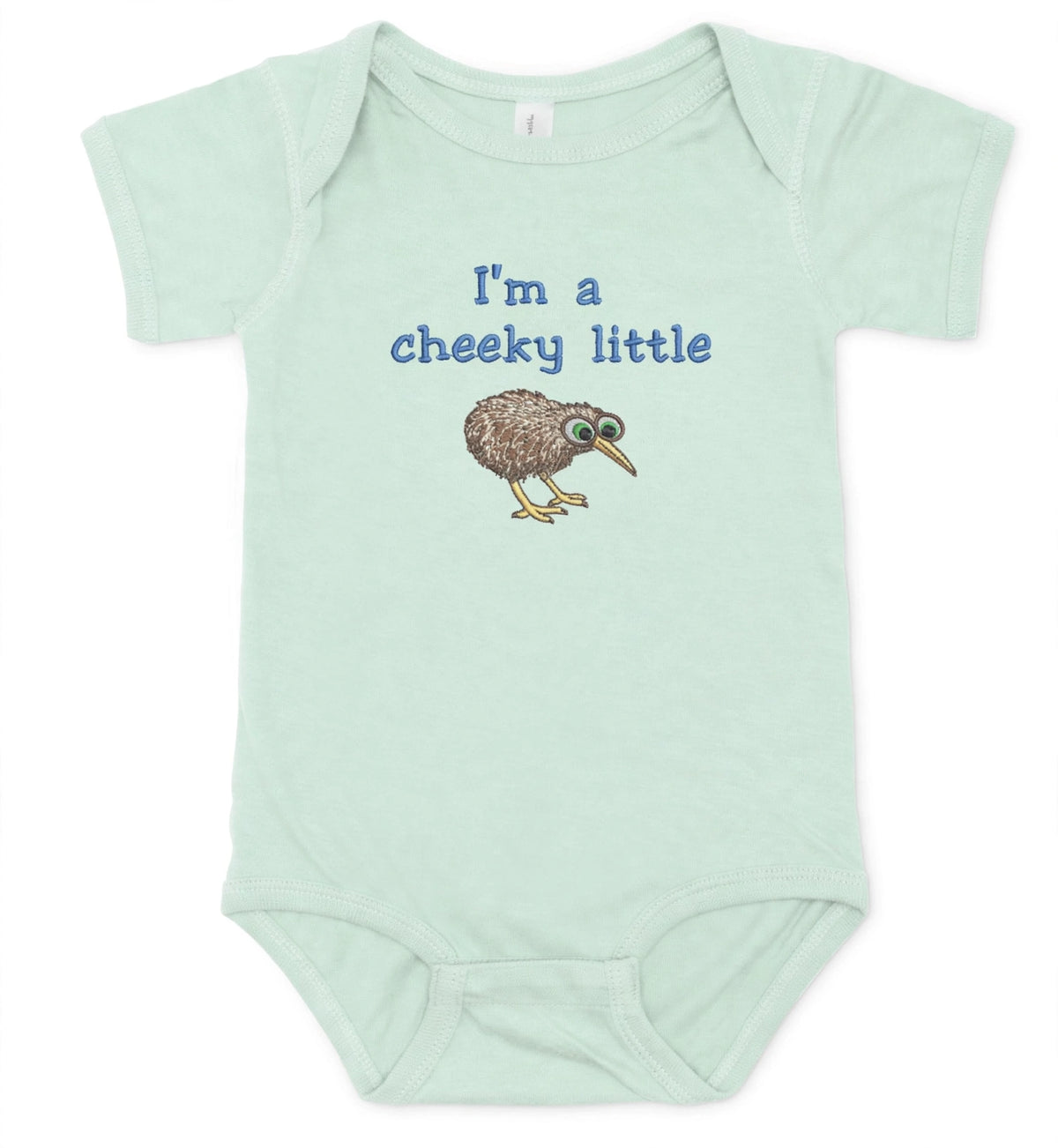 A pale mint green baby bodysuit with short sleeves and a graphic print on the chest that reads 'I'm a cheeky little' in blue text above a kiwi bird illustration, shown on a plain white background.