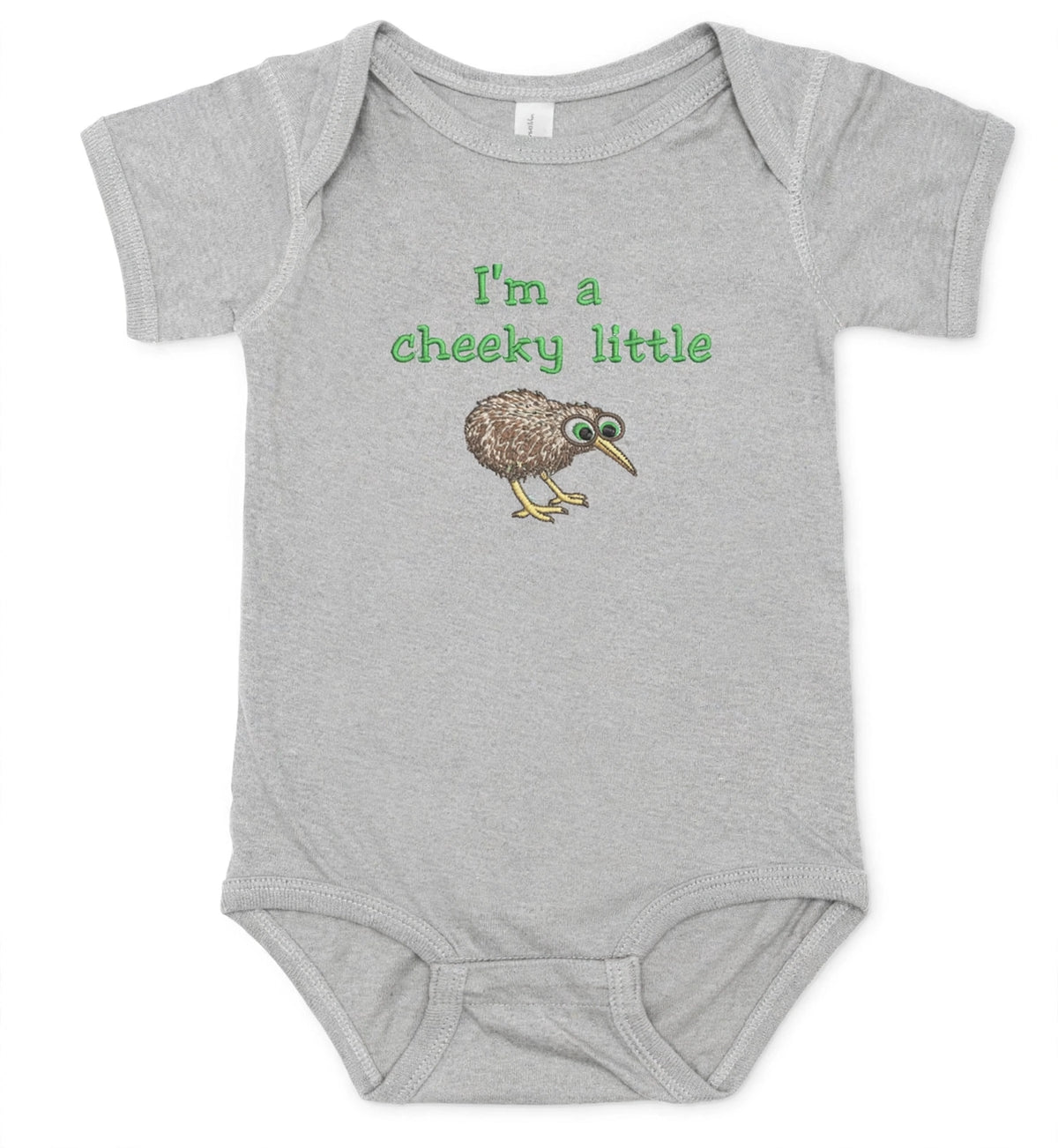 A light heather gray baby bodysuit featuring a green graphic text that reads 'I'm a cheeky little' above a cartoon kiwi bird, displayed on a clean white background.