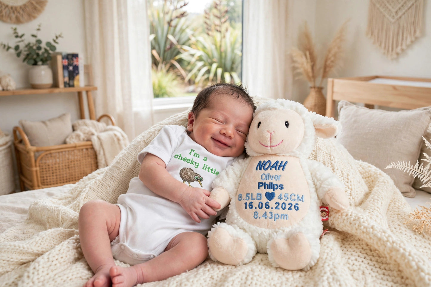 A smiling newborn baby sits on a cozy cream knit blanket on a bed, wearing a white onesie with a green graphic and holding a white plush sheep toy printed with a personalized baby name and birth details.