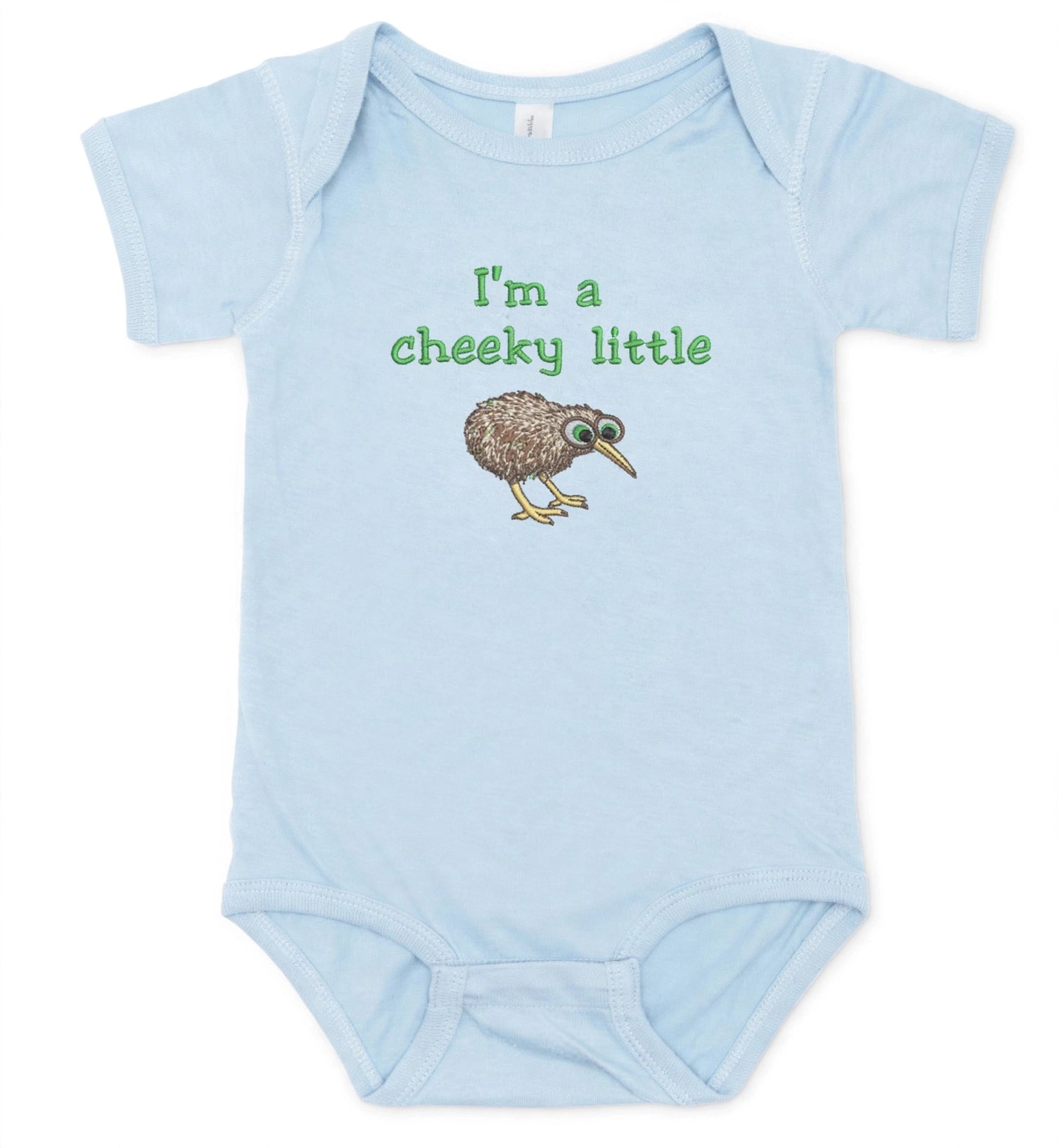 A light blue short-sleeve baby bodysuit with a green text graphic reading 'I'm a cheeky little' and a small kiwi bird illustration on the chest, shown against a plain white background.