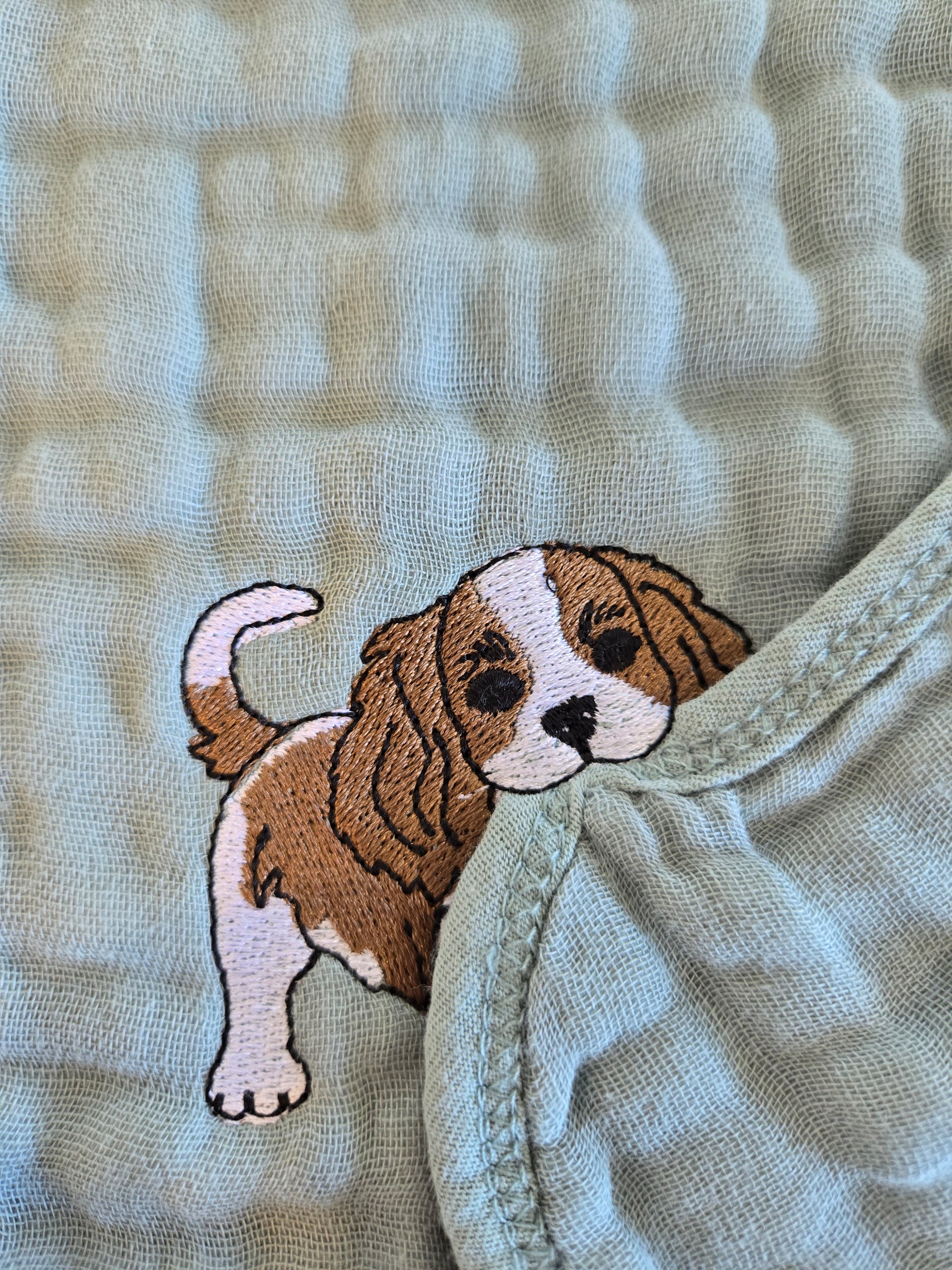 Cute Cavalier King Charles puppy dog pet thief embroidery design on Sage tea towel NZ
