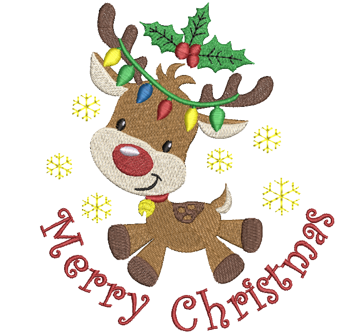 Emboidery Christmas reindeer with lights and holly, surrounded by snowflakes on a white background