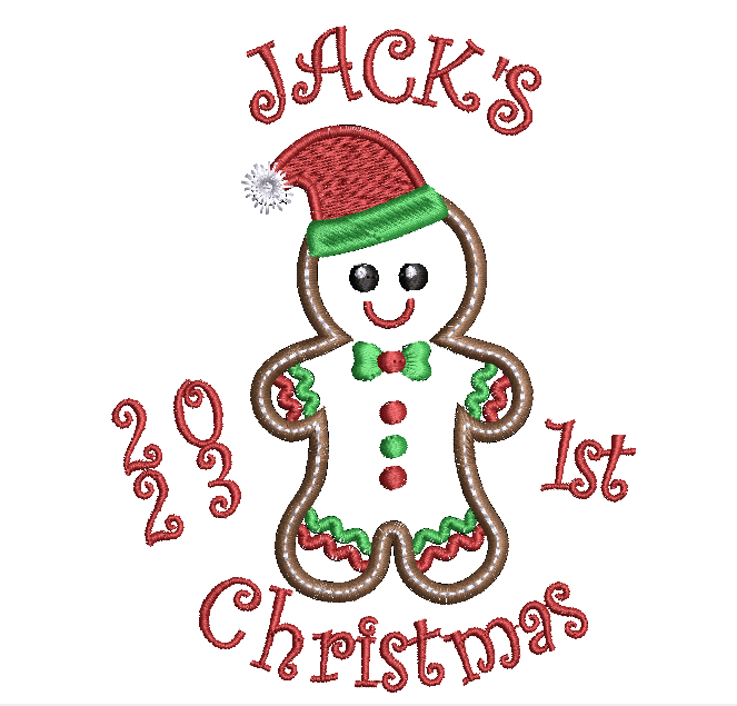 Embroidered design of a gingerbread man with 'JACK's 2023 1st Christmas' text on a white background.