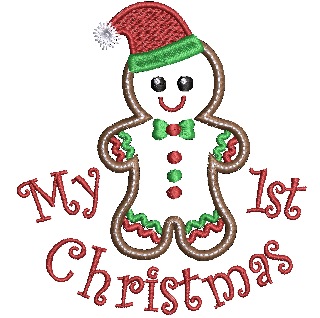 Embroidered design of a gingerbread man with a red hat and green bow tie, surrounded by 'My 1st Christmas' text.