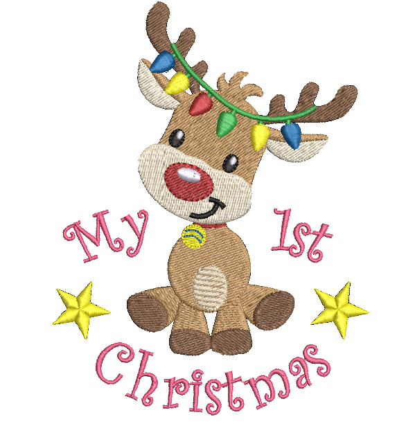 Embroidered design of a reindeer with Christmas lights and 'My 1st Christmas' text on a white background