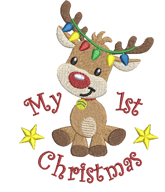 Embroidered design of a reindeer with Christmas lights and 'My 1st Christmas' text on a white background.