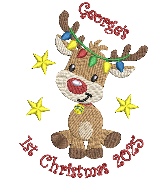 Embroidered design of a reindeer with Christmas lights and stars, featuring 'George's 1st Christmas 2023' text.