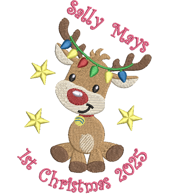 Embroidered design of a reindeer with Christmas lights, surrounded by stars and text on a white background.