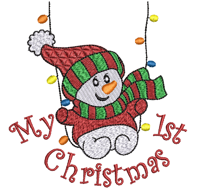 Embroidered design of a snowman with a red and green striped hat and scarf, hanging from strings with lights, on a white background with 'My 1st Christmas' text.