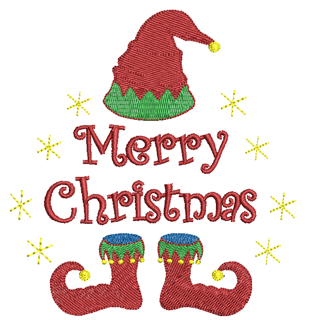 Embroidered design with 'Merry Christmas' text, elf hat, and boots on a white background.