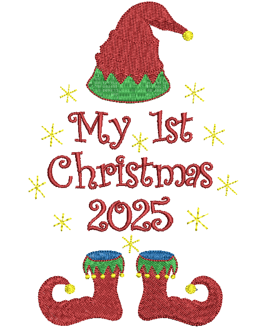 Embroidered design with 'My 1st Christmas 2025' text, elf hat, and stockings on a white background.