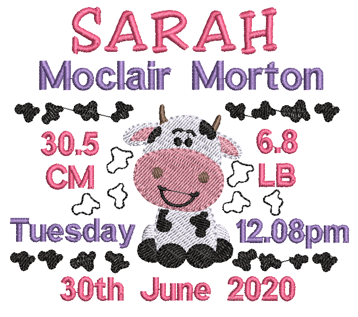 Embroidered design with a cow illustration and baby birth details.