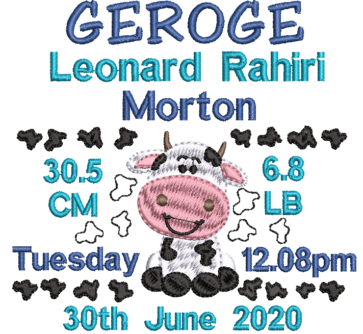 Embroidered design with a cow illustration and baby birth details.