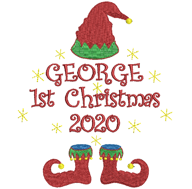 Embroidery design with 'GEORGE 1st Christmas 2020' text, elf hat, and boots on a white background.