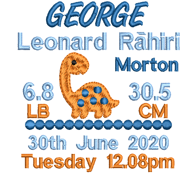 Embroidered baby details with dinosaur graphic on a white background