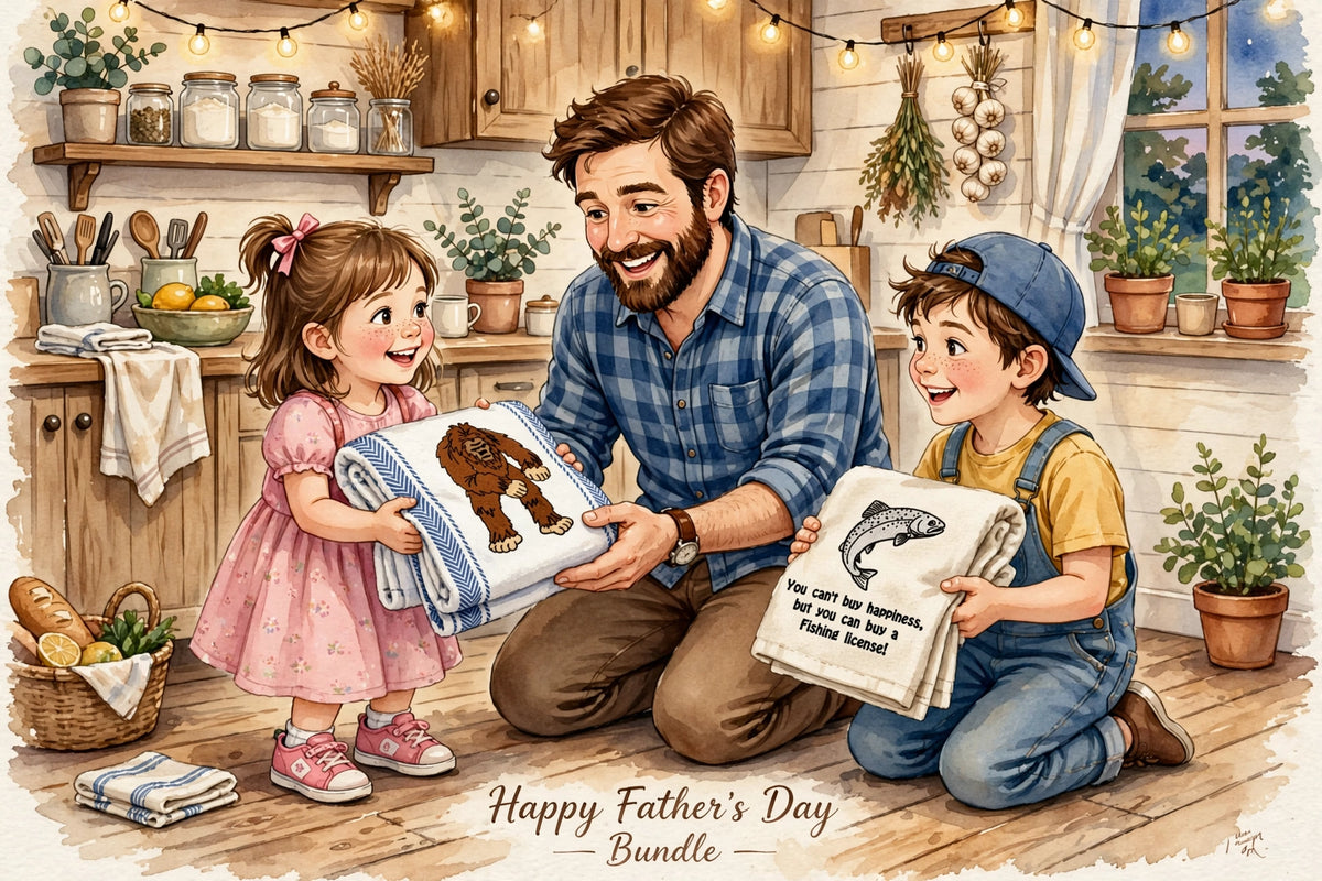 A Father's Day gift bundle illustration showing a father and two children in a cozy kitchen setting. The father holds a folded towel with a brown bear graphic, while the children hold matching towels with a dinosaur and a humorous quote.