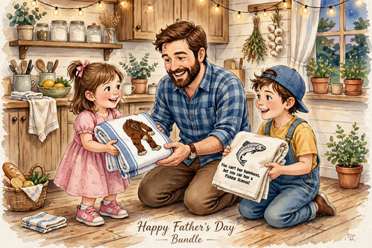 A Father's Day gift bundle illustration showing a father and two children in a cozy kitchen setting. The father holds a folded towel with a brown bear graphic, while the children hold matching towels with a dinosaur and a humorous quote.