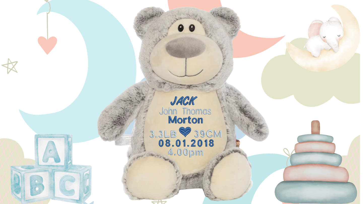 Grey Cubbyford personalised teddy bear gender neutral birth announcement embroidery NZ