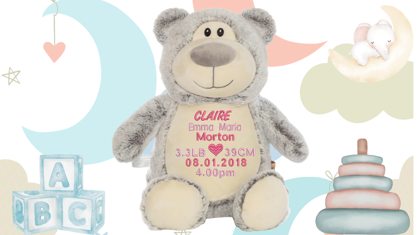 Grey Cubbyford personalised teddy bear gender neutral birth announcement embroidery NZ