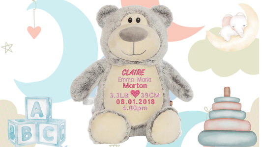 Grey Cubbyford personalised teddy bear gender neutral birth announcement embroidery NZ