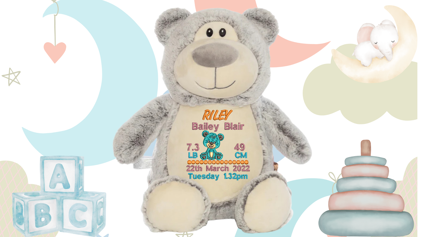 Grey Cubbyford personalised teddy bear gender neutral birth announcement embroidery NZ